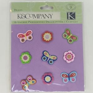 K&Company Brads Butterfly and Flowers Brads 9 pcs Bugs Spring Summer Brads